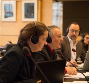 Ev Blaine Matthigack, Dan Ghattas (OII Germany) and Morgan Carpenter (OII Australia), Thematic Briefing on intersex to CRPD, 26 March 2015. Photo by Nigel Kingston, supplied by Diane Kingston OBE