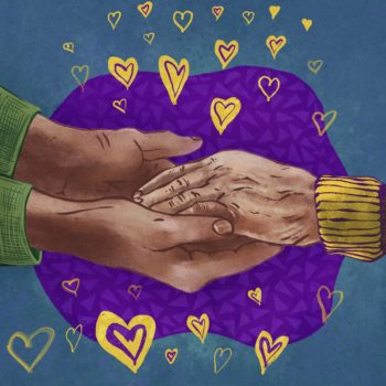 young hands holding old hand and hearts in intersex colors