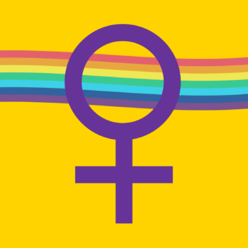 purple woman sign on yellow with a horizontal rainbow